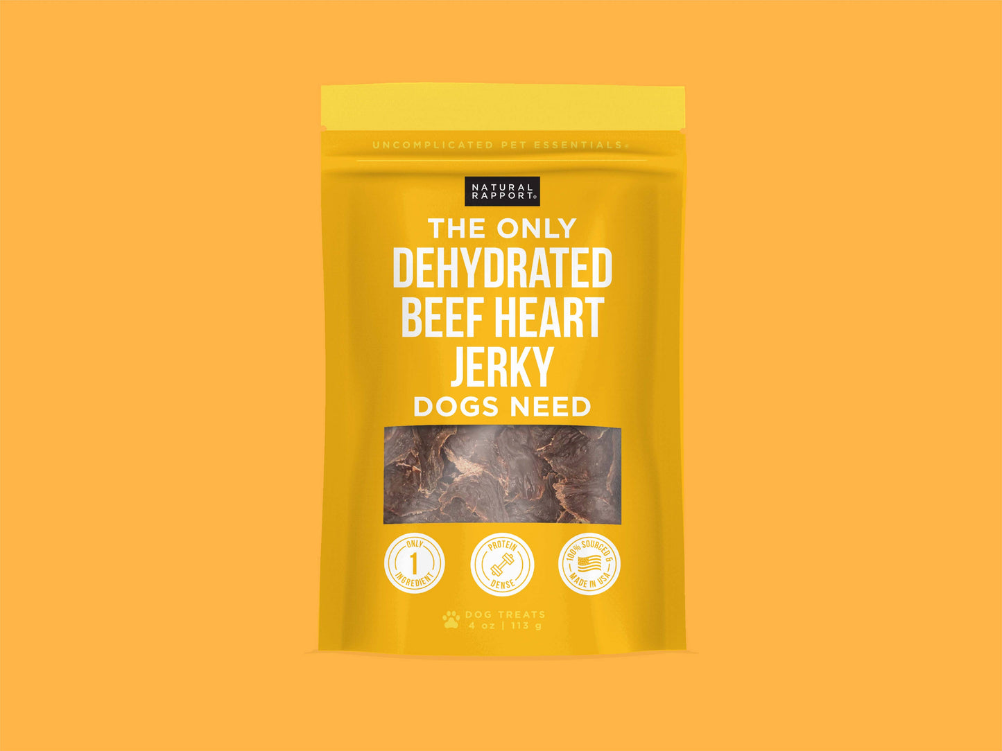 The Only Dehydrated Beef Heart Jerky Dogs Need Natural Rapport 4 oz bag