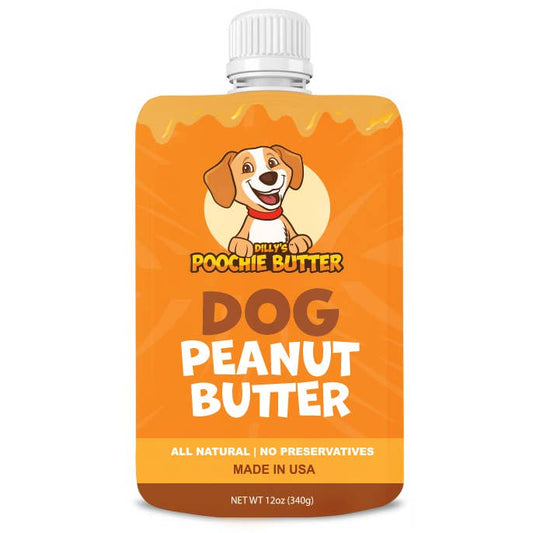 Pouch of Dilly's Poochie Butter Dog Peanut Butter on a white background
